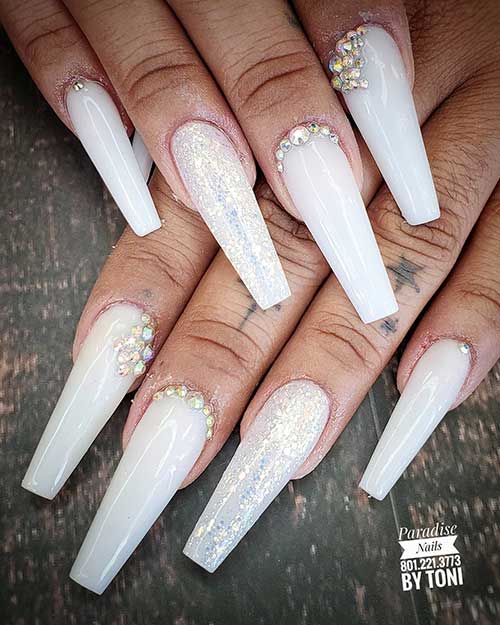 Long Milky White Coffin Nails with Rhinestones and Glitter