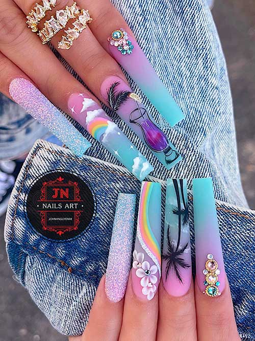Long Coffin Shaped Ombre Beach Nails 2022 with Hawaii Vibes, Rhinestones, and Glitter