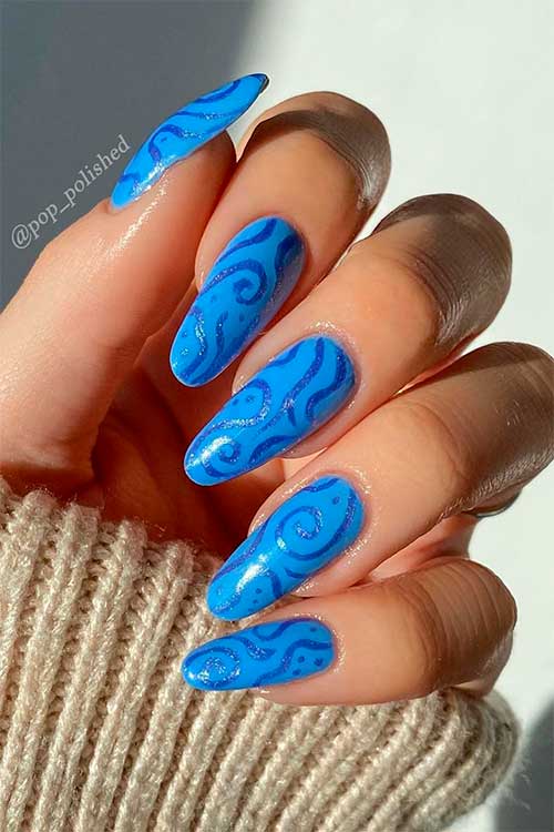 Long Round Shaped Shimmer Blue Nails with Abstract Nail Art uses OPI Can’t CTRL and You Had Me at Halo