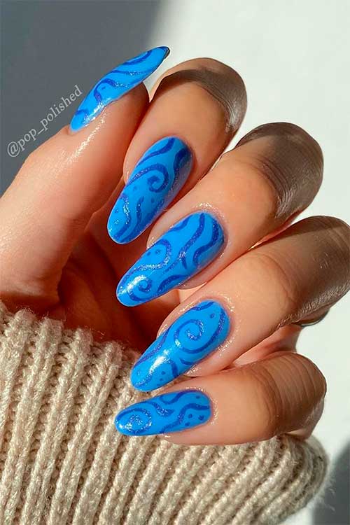 Long Round Shaped Shimmer Blue Nails with Abstract Nail Art uses OPI Can’t CTRL and You Had Me at Halo Long Round Shaped Shimmer Blue Nails with Abstract Nail Art uses OPI Can’t CTRL and You Had Me at Halo