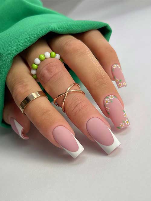 Long square-shaped matte white French tip nails 2023 with daisy flowers for springtime