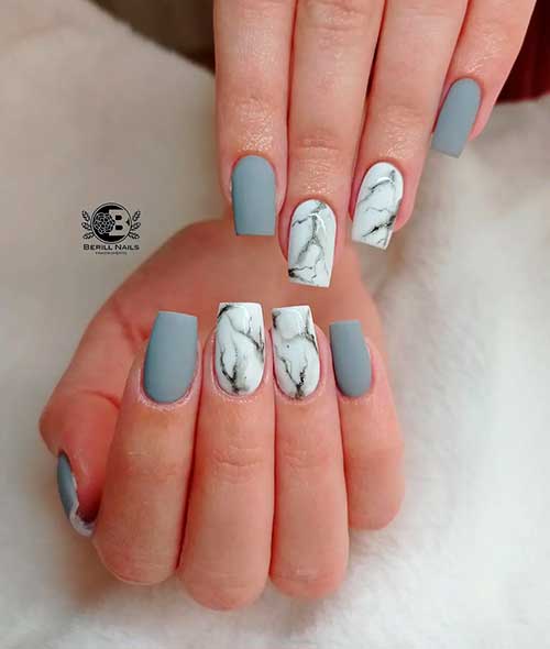 Square-Shaped Matte Grey Nails with Two White Marble Accents