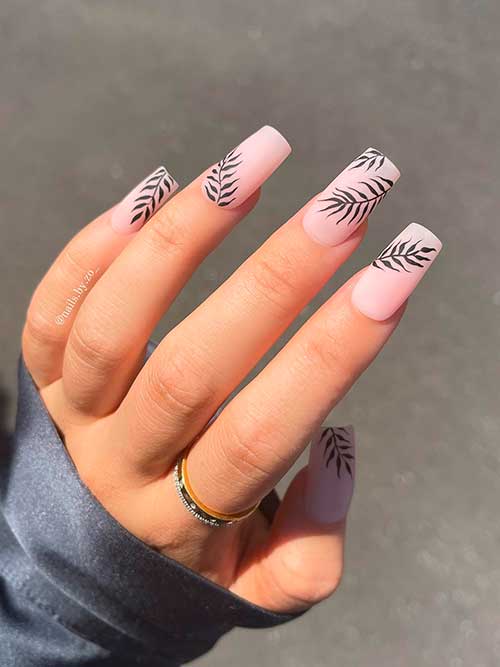 Square Long Matte Nude Nails with Black Leaves for Summer 2022