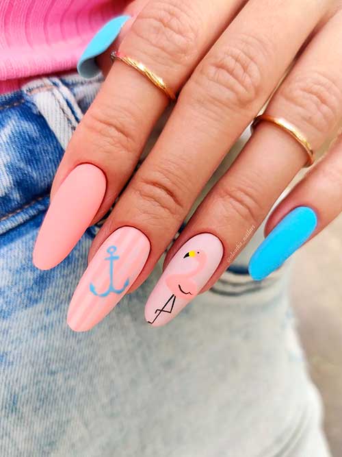 Matte Peachy Pink and Light Blue Nail Art Design Almond Long Matte Peachy Pink and Light Blue Nails 2022 with Flamingo Shape for Summer Vacation