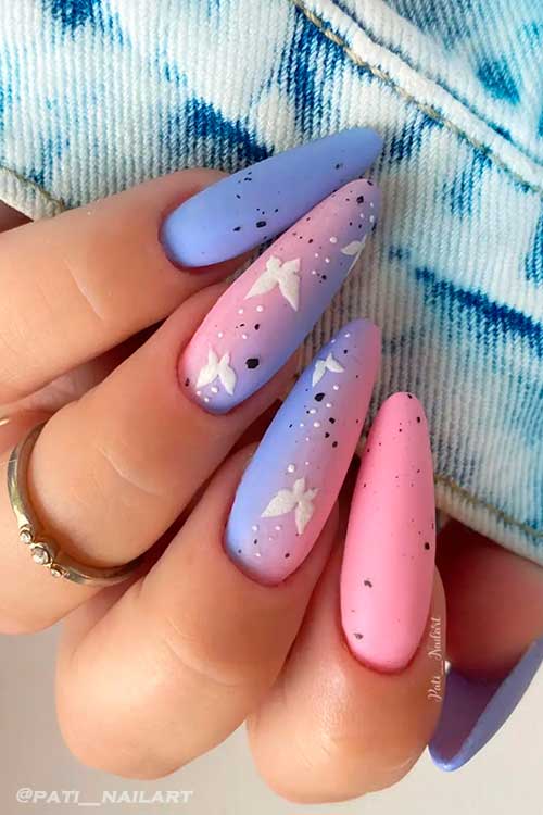 Long Almond Shaped Matte Purple and Pink Summer Nails 2022 with Two Accent Ombre Summer Nails with Butterflies and dots