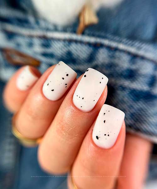 Medium Square Matte Speckled Rubber Base Milky White Nails for Spring and Summer seasons