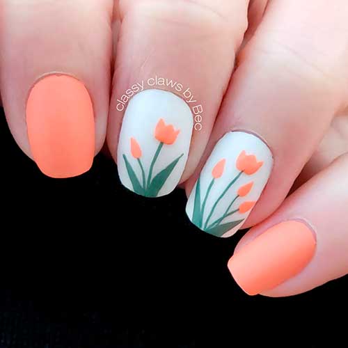 Short Square Matte White and Orange Nails Design for Spring 2022