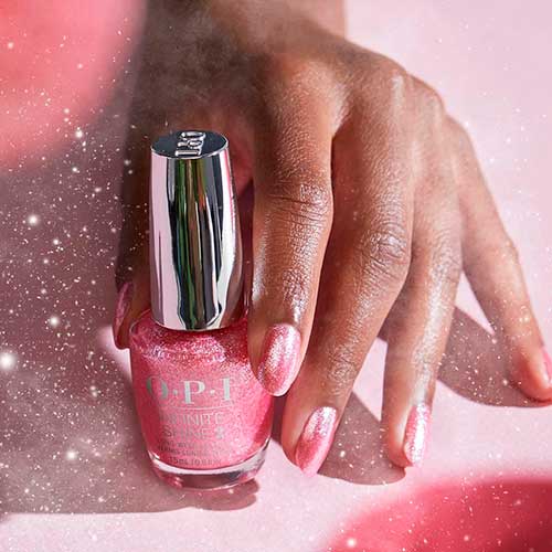 Medium round shaped pearlescent pink use OPI nail polish Pixel Dust from OPI Xbox Spring Nail Colors 2022 collection Medium round shaped pearlescent pink use OPI nail polish Pixel Dust from OPI Xbox Spring Nail Colors 2022 collection