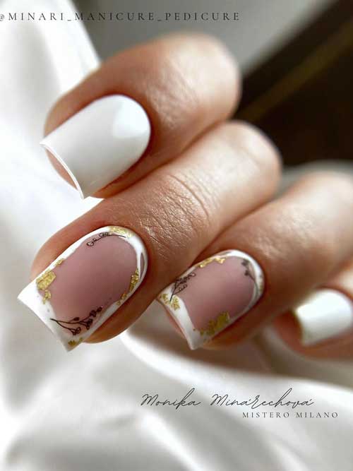 Medium square-shaped white nails with tiny floral nail art and gold foil decorations Medium square-shaped white nails with tiny floral nail art and gold foil decorations