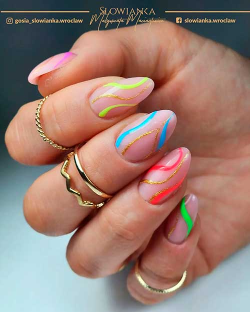 Multicolored Swirl Summer Nails with Gold Swirls for Summer Vacation