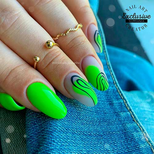 Medium Round Shaped Lime Neon Bright Summer Nails 2022 with Swirl Abstract Nail Art