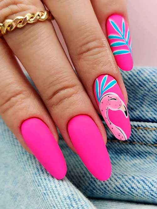 Long Pink Neon Nails 2022 with A Flamingo and Leaf Nail Art for Summer Vacations