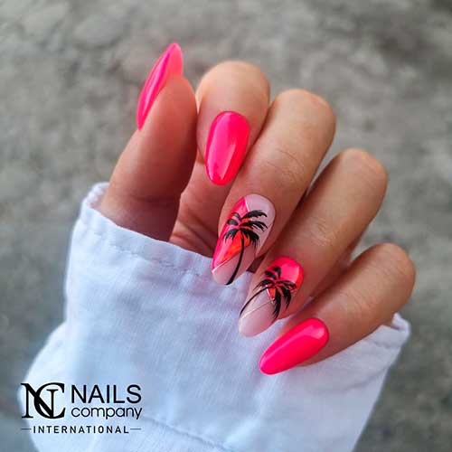 Neon Pink Summer Nails with Palms Medium Almond Neon Pink Summer Nails with Black Palms on Two Nails for Summer Vacation
