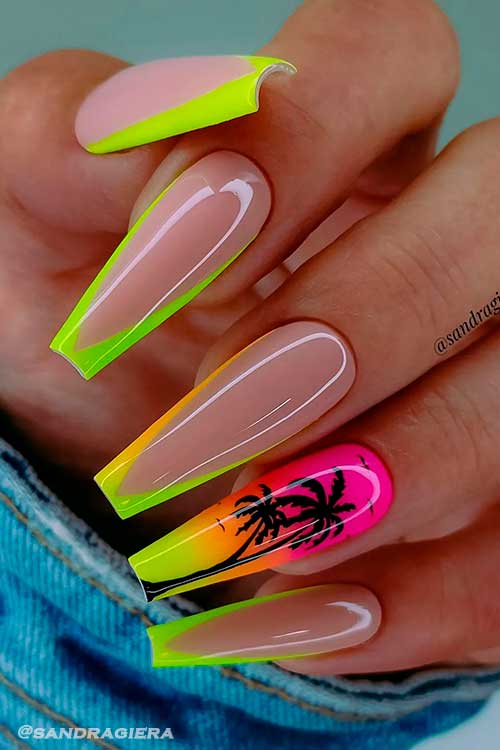 Lime Neon V French Tip Nail Design on Nude Base Color and accent Ombre Palm tree Nail with birds