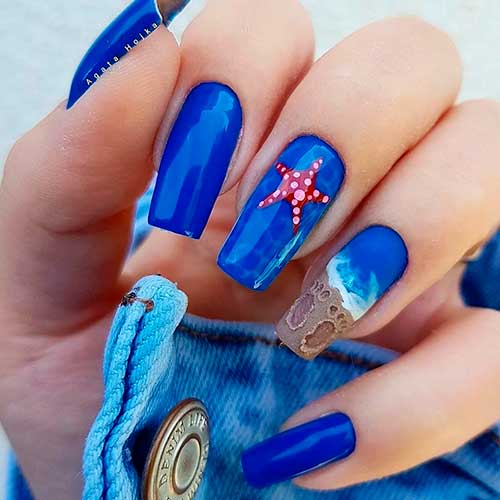 Square Long Ocean Blue Nails with Themes of Footprints in Beach, and Sea Star on Two Accents