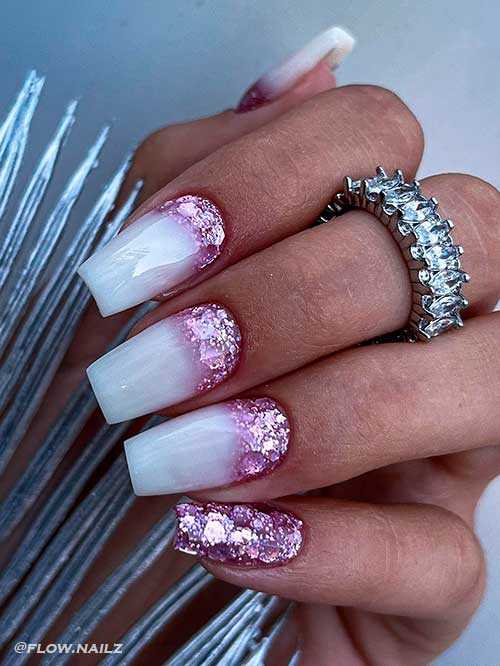 Square Ombre Glittery Pink and White Nails 2022