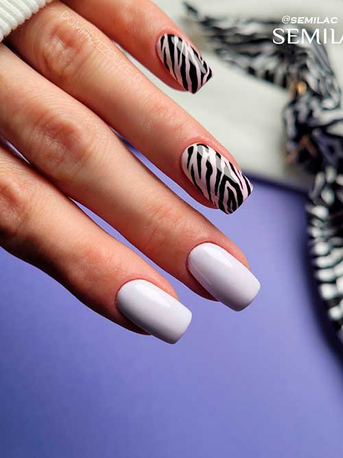 Medium Square Shaped Pink and Off White Nails with Black Zebra Prints for Summertime