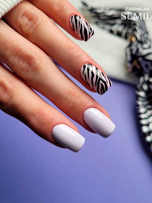 Pink and White Nails with Black Zebra Prints Medium Square Shaped Pink and Off White Nails with Black Zebra Prints for Summertime
