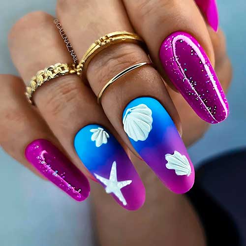 Long Round Purple Underwater Summer Nails with Glitter and Two Accent Purple Ombre Nails Adorned with Snails and Sea Stars