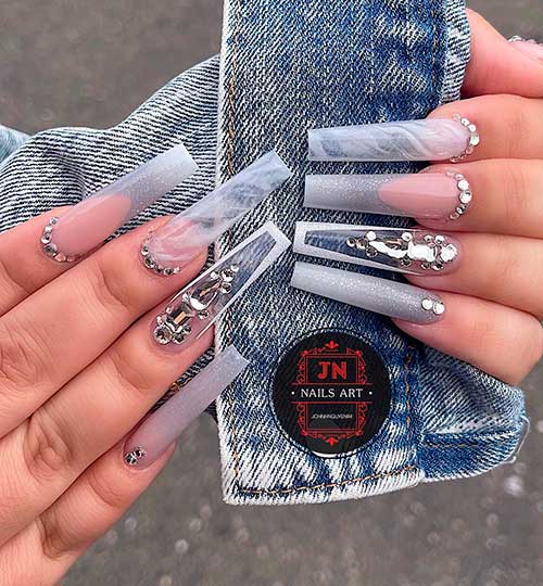 Shimmer Coffin Grey Nails Shimmer French Coffin Grey Nails Design with Rhinestones and Marble Accent