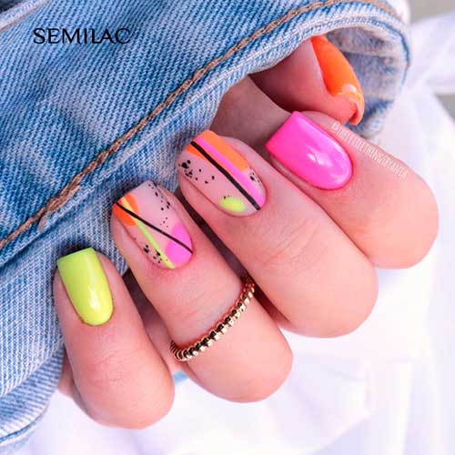 Short Square Bright Summer Nails Design Consists of Pink, orange, and Yellow Neon Colors with Black Decoration