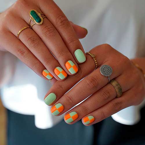 Short Mint Green and Orange Simple Checkered Nails for Summer 2022