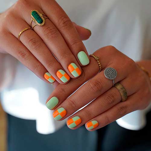 Simple Checkered Nails Short Mint Green and Orange Simple Checkered Nails for Summer 2022
