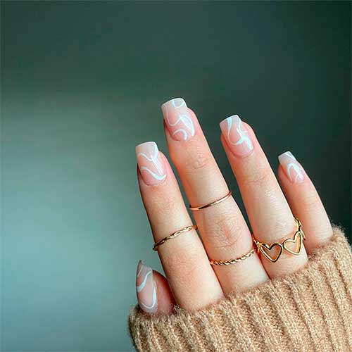 Simple White Swirl Graduation Nails Medium Square Shaped Simple White Swirl Graduation Nails