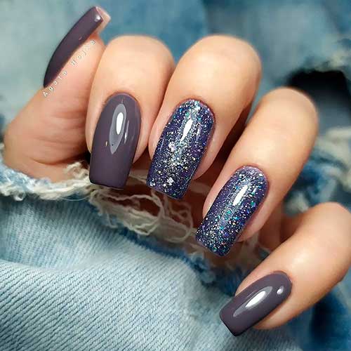 Long Square Dark Grey Nails with Two Glitter Accents