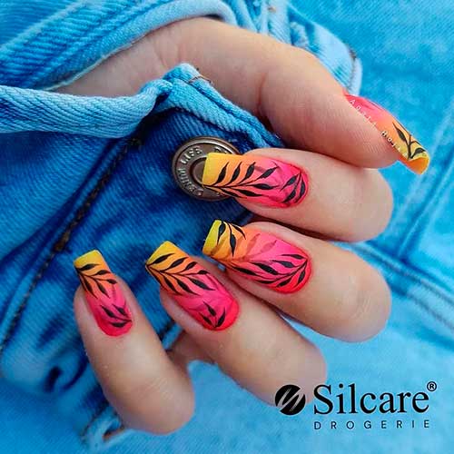 Long Square Matte Colorful Summer Ombre Nails with Black Leaves for Summer Vacation