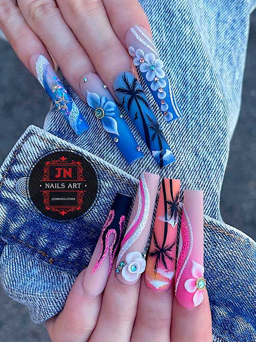 Different hands Blue and Pink Summer Vacation Nails with Swirls, Palms, Flowers, and Flames