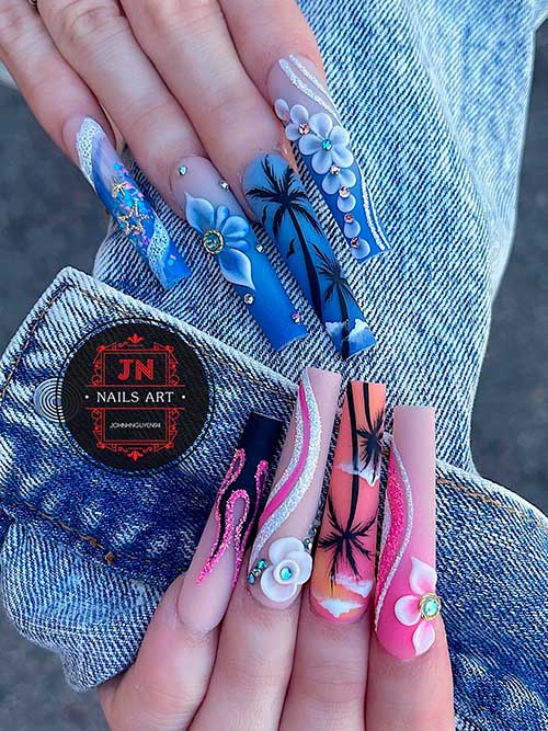 Different hands Summer Vacation Nails Different hands Blue and Pink Summer Vacation Nails with Swirls, Palms, Flowers, and Flames