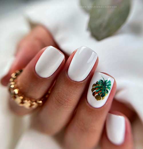 Short Square Summer White Nails with Green and Bronze Leaves for Summer Vacation
