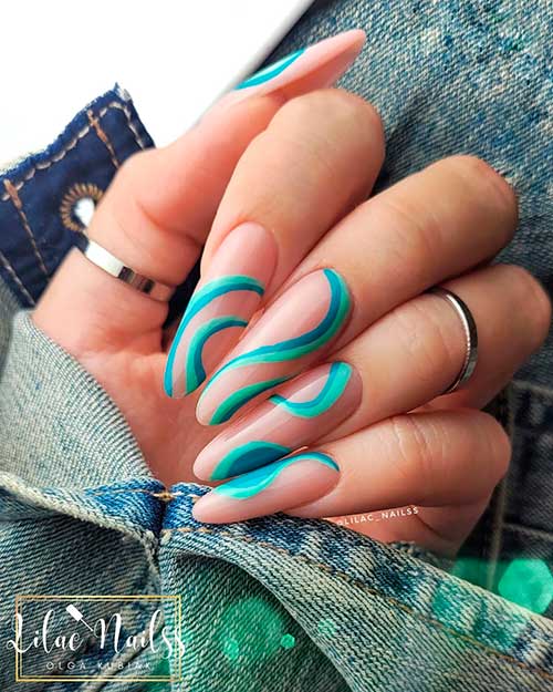 Long Almond Turquoise and Teal Summer Swirl Nails on Nude Base Color for Summer Vacation 2022