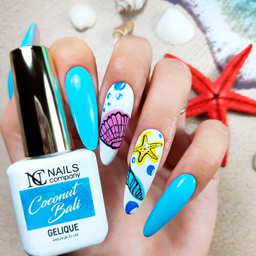 Long Almond Shaped Light Blue Underwater Summer Nails with Two White Accents Adorned with Snails and Sea Stars