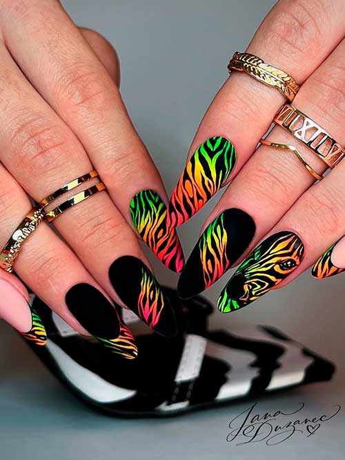 Unique Black Nails with Multicolored Neon Animal Prints Long Almond Unique Black Nails with Multicolored Neon Zebra Prints for Summer 2022
