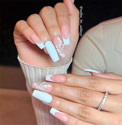 White Graduation Nails Long Coffin French White Graduation Nails with Floral and Sugar Glitter Accents