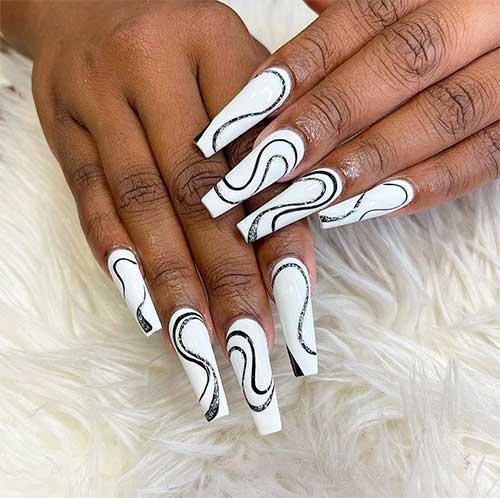 Long Coffin White Nails with Black and Silver Glitter Swirls for Summer 2022