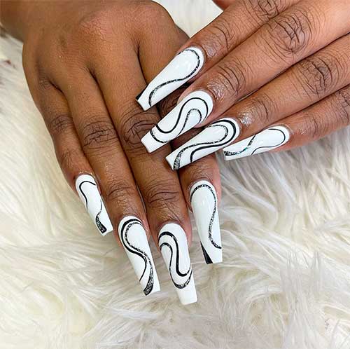 White Nails with Black Swirls Long Coffin White Nails with Black and Silver Glitter Swirls for Summer 2022