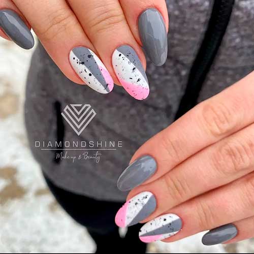 White, Pink, and Grey Nails Design with Black Speckles on Two Accents
