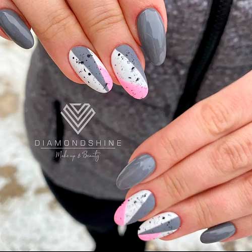 White, Pink, and Grey Nails Design White, Pink, and Grey Nails Design with Black Speckles on Two Accents
