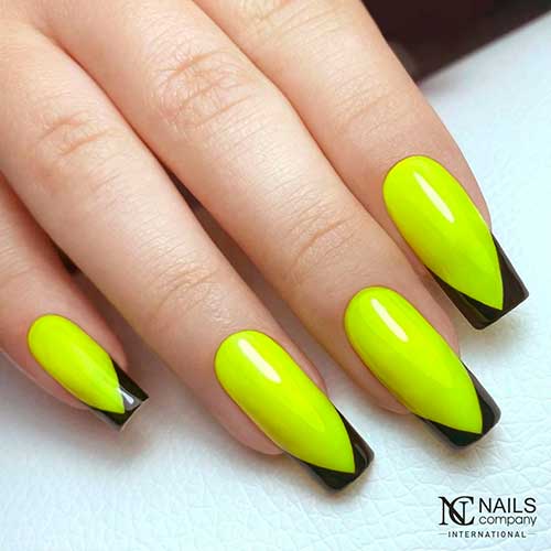 Long Square Yellow Neon Nails with V French Black Tips for Summer 2022