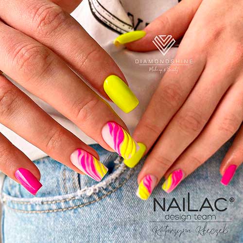 Medium Square Shaped Yellow and Pink Neon Summer Nails 2022 - The Cutest Neon Nail Designs 2022