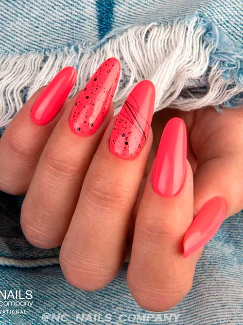 Elegant Orange Neon Nails 2022 with Black Dots and Lines