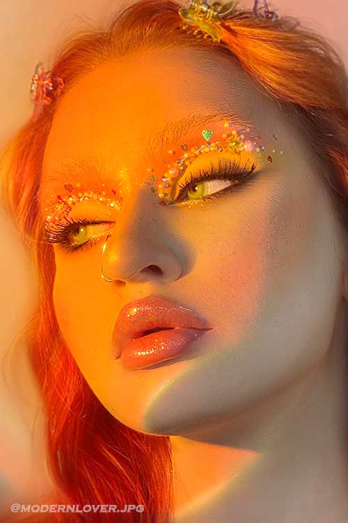Eye Makeup With Gems with Matte Yellow to Pink Eyeshadows and Glossy Nude Pink Lips for Summer 2022