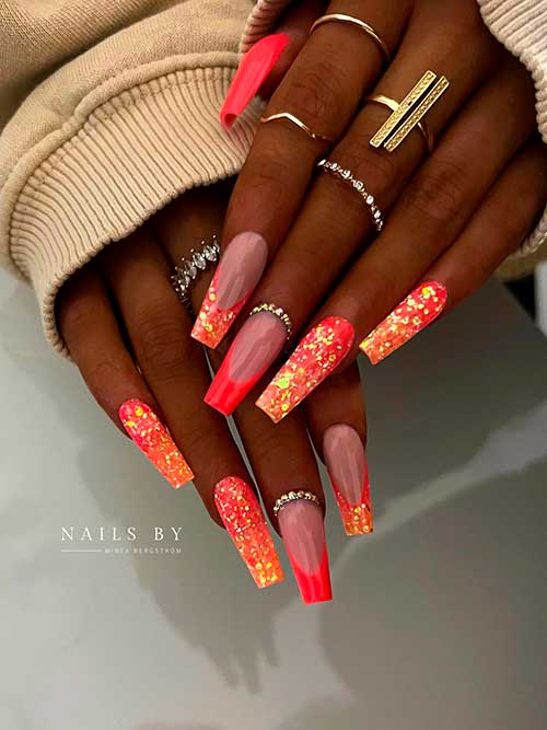 Fluorescent Orange Nails with Gold Glitter, Rhinestones, and French Accents