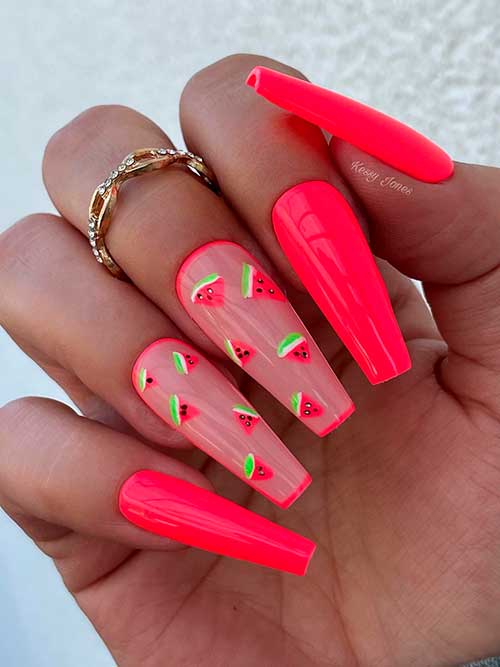 Fun Coffin Summer Orange Neon Nails 2022 with Watermelon Slices on Two Nude Accents