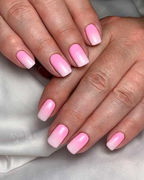 Short Square Gel Pink and White Ombre Nails 2022