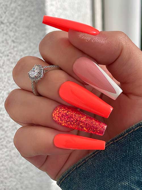 Glossy Coffin Neon Orange Nails 2022 with Orange Glitter and White V Tip Accents