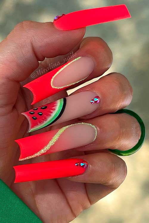 Long Neon Orange Nails Long Square Neon Orange Nails 2022 with Gold Glitter, Rhinestones, and Watermelon Shape on Accent